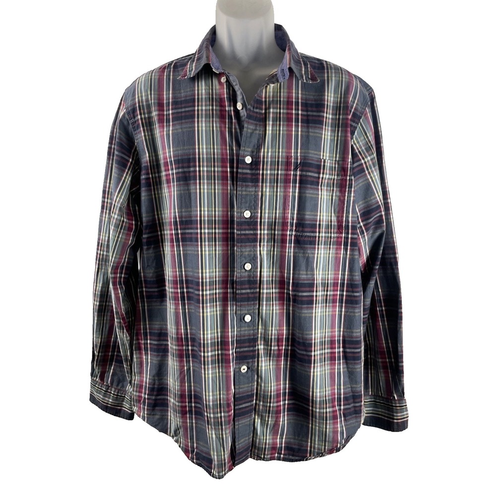 Nautica Shirt Mens XL Button Up Blue Green Red‎ Plaid Coastal Casual Long Sleeve